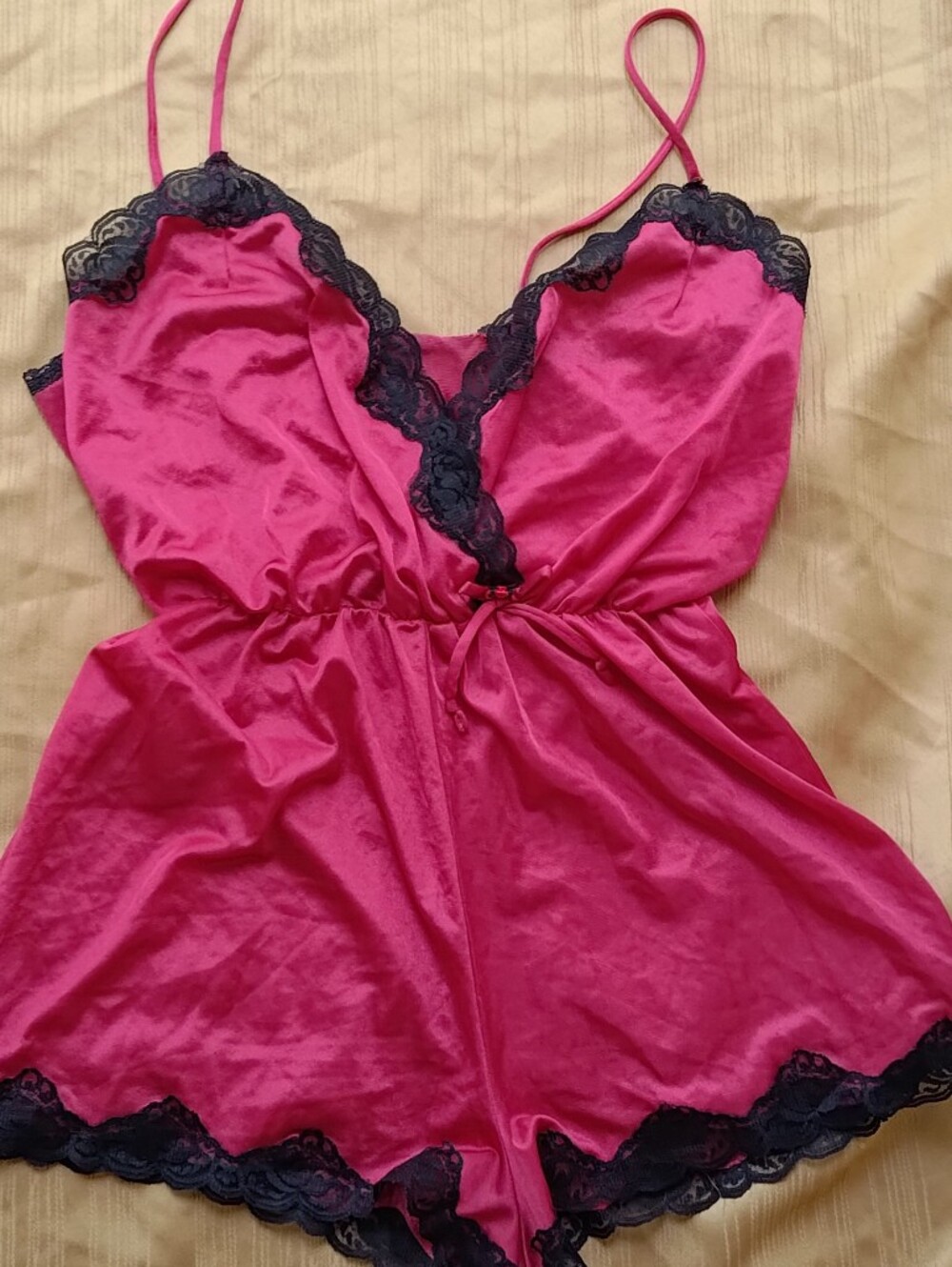 RED Lace-Trim Nylon Romper - Women Intimates Lingerie Medium